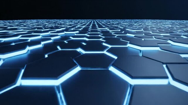 Glowing blue hexagonal grid floor shifting in dark futuristic space