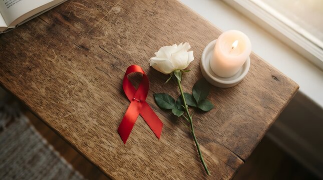 Red awareness ribbon and white rose on wooden tabletop