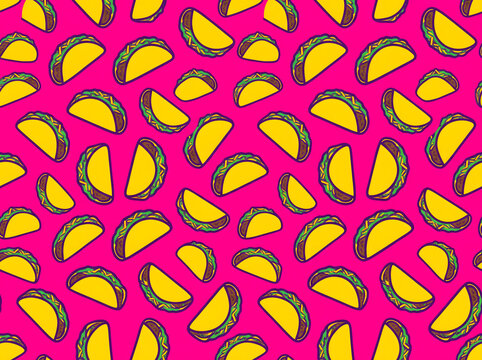 Seamless pattern with delicious tacos on a vibrant pink background, fun food illustration for textile, wallpaper, or wrapping paper design