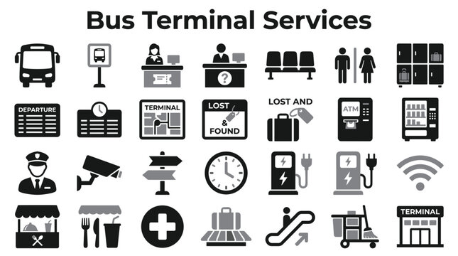 Set of bus terminal services icons representing transportation facilities and passenger amenities in a clean minimalist style for travel and navigation