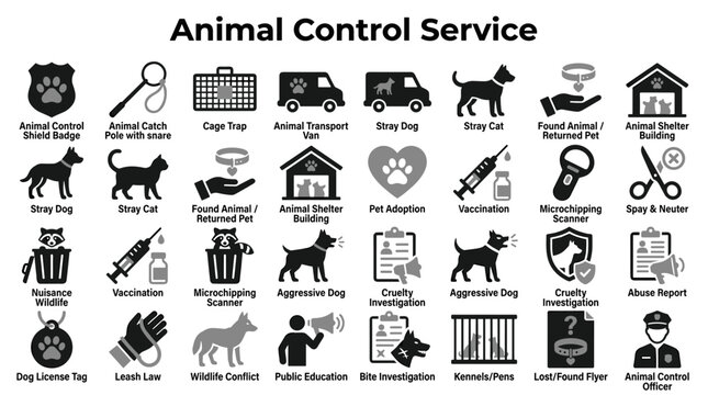 Set of animal control service icons featuring pet rescue shelter equipment and wildlife management symbols isolated on white background