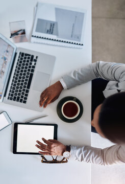 Mockup, screen or top view of businesswoman on tablet for networking on social media app, website or internet. Ads, space or public relations officer on technology for planning or research project