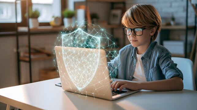 secure online learning concept, school age child studying with a laptop at a modern desk, digital privacy shield and secure connection visualization around the device, organized home workspace,