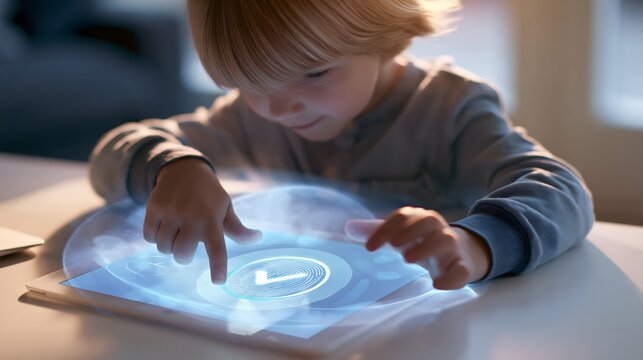 digital identity protection concept, child using a secure tablet with biometric authentication interface, glowing verification symbol and protective digital layer, contemporary home setting, soft