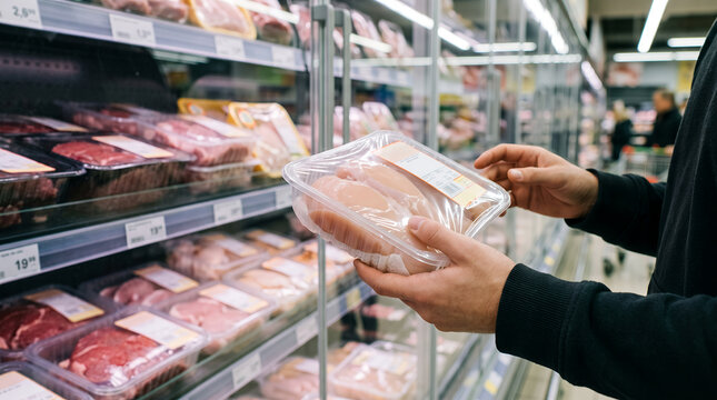 Raw meat display in grocery store with various cuts and packaging
