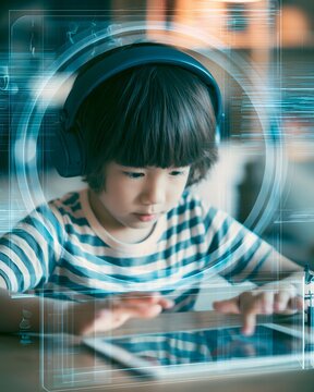 children online privacy concept, young child wearing headphones while safely using a tablet, transparent protective interface around the device, abstract secure data streams in background, cozy home