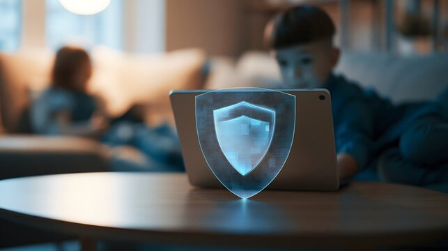 premium antivirus software concept, modern tablet protected by an elegant translucent security shield, young child using the device naturally in the background, warm home atmosphere, sophisticated