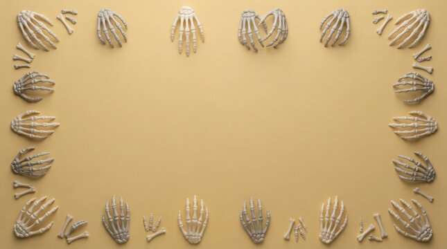 Plastic skeleton hands arranged in a frame on a pale yellow background