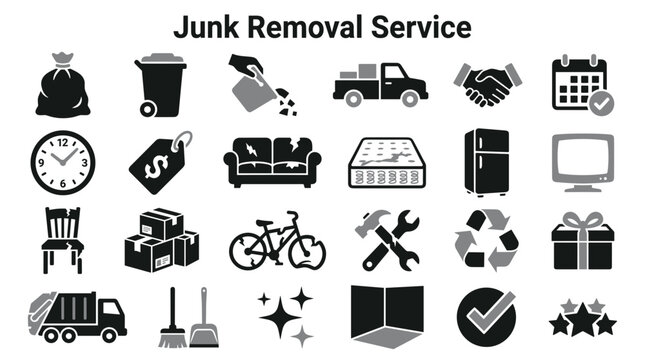Set of junk removal service icons featuring household waste disposal furniture recycling and cleaning equipment symbols isolated on white background