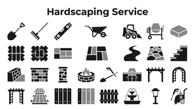 Set of hardscaping and landscaping icons featuring construction tools materials and garden features for professional outdoor design and property improvement projects