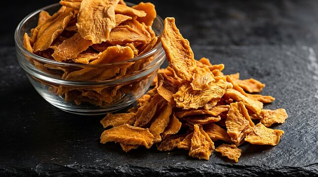 Dried orange pineapple slices in a glass bowl on a dark stone surface. dried mango flakes