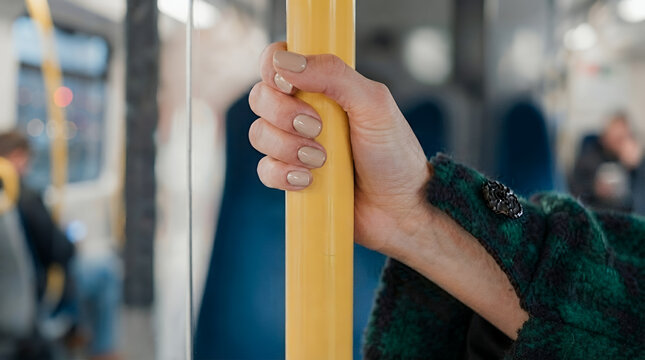 Woman holding yellow pole in subway with neutral expression, urban background