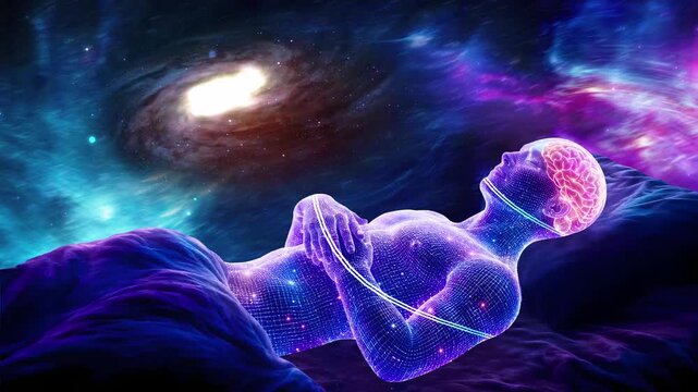 Digital Human Silhouette Resting under Cosmic Nebula Sky, Spiritual Awakening and Astral Travel Animation