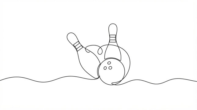 Continuous one line art bowling ball and pins sports vector icon