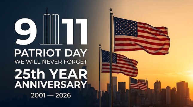 9/11 patriot day 25th year anniversary 2001-2026 celebration with american flags and new york city skyline at sunset for remembrance.