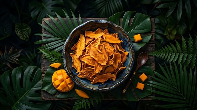 Bowl of dried mango slices on a dark rustic table with tropical leaves in the background. dried mango flakes