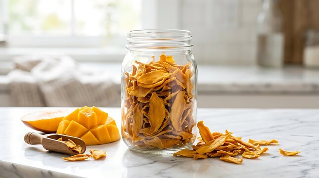 Dried mango slices in a glass jar with fresh fruit pieces on a kitchen counter. dried mango flakes