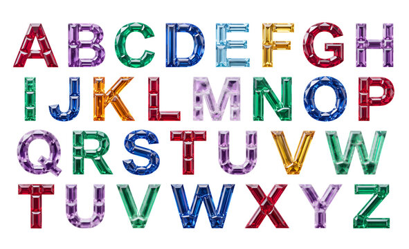 Colorful faceted jewelry alphabet letters collection, isolated on transparent background, png
