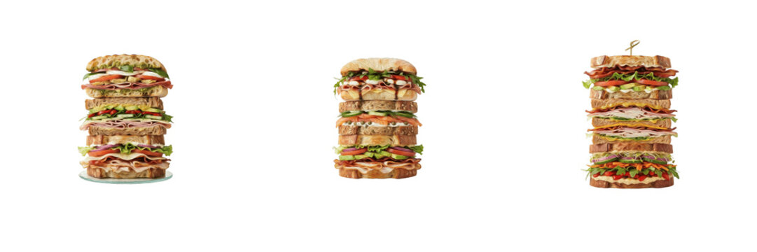 Set Fresh Club Sandwich Tall Double Deck Layered Burger Fast Food Snack Meal Fresh Bread Cheese Lettuce Tomato Meat Deli Lunch