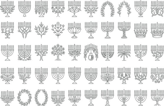 Detailed menorah outline vector icon set with collection