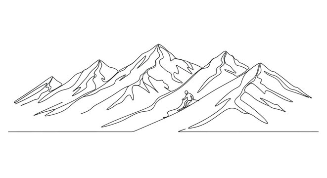 Mountain range with skier in continuous line drawing silhouette mountains