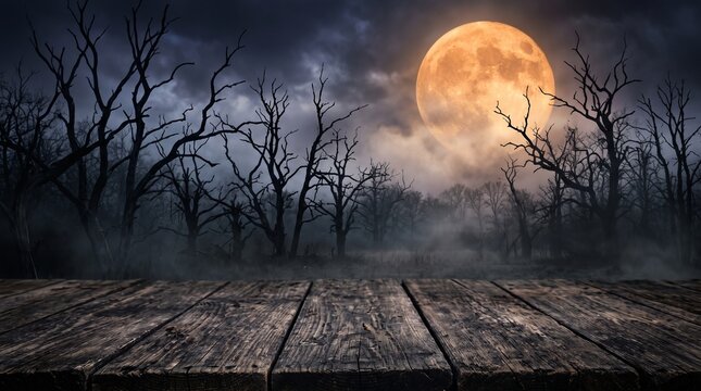 Spooky Gnarled Tree Branches Silhouetted Against Full Moon