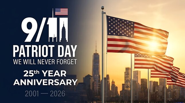 Patriot day twenty fifth anniversary horizontal banner with american flags against new york city skyline during sunset for memorial services and september eleven tribute promotions.