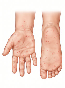 Medical illustration of Hand, Foot, and Mouth Disease rash and blisters on child's palm and sole.