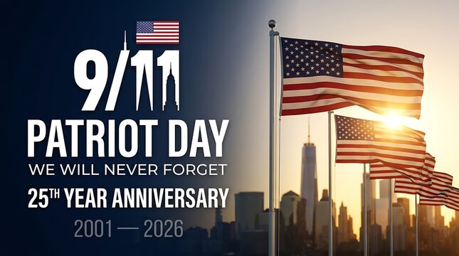 Patriot day remembrance banner with rows of waving american flags and manhattan skyline bathed in sunset light designed for twenty fifth anniversary memorial templates and headers.