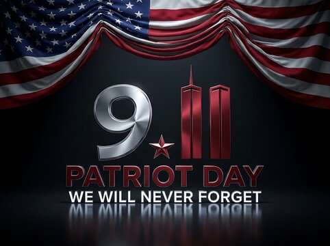 Patriot day concept with 9 11 twin towers and american flag draped above remembering victims and heroes with text we will never forget in 3d.