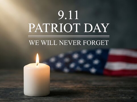 Patriot day memorial with lit candle and american flag in background remembering 9 11 with text we will never forget in remembrance of victims and heroes.