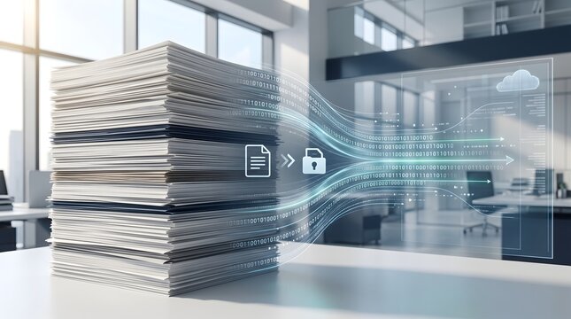 Secure Physical Document Archive with Glowing Digital Cyber Padlock Concept