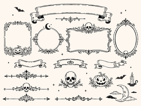 Vintage Halloween decorative vector set with hand-drawn ribbons, ornate frames, borders, skull, pumpkin, moon and candle in elegant vintage outline style
