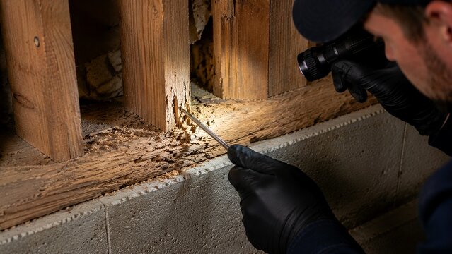 Pest control professional gently probing suspicious softened wooden framing in residential basement during termite inspection