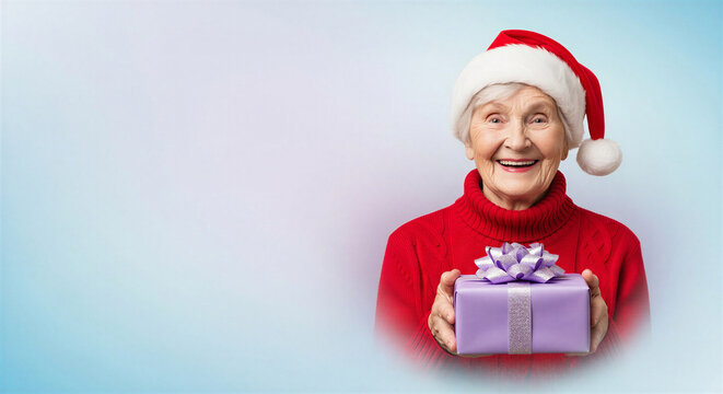 Smiling elderly woman in Santa hat holding Christmas gift on soft blue background with copy space