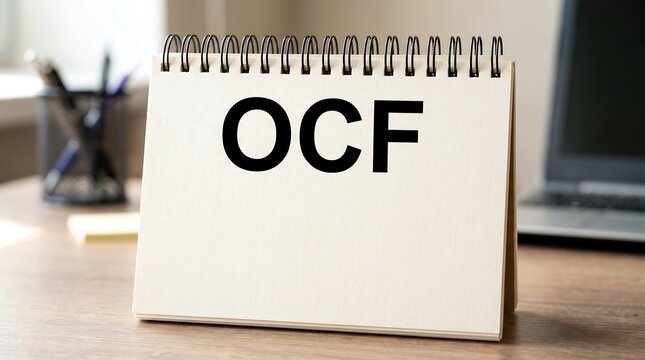 OCF acronym on spiral notepad, Operating Cash Flow financial concept on office desk, business accounting and investment analysis