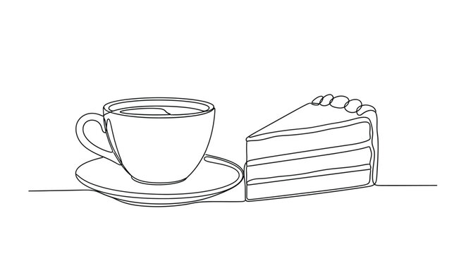 Coffee cup and cake slice continuous line drawing silhouette tea