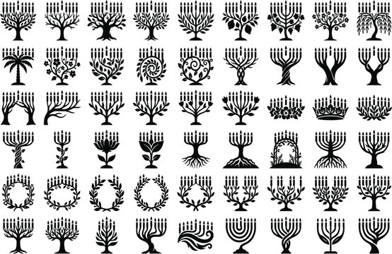 Tree shaped menorah and candelabrum icons collection