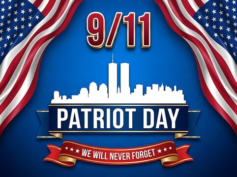 Patriot Day 9/11 remembrance with American flags flanking twin towers and cityscape, we will never forget patriotic tribute and memorial graphic.