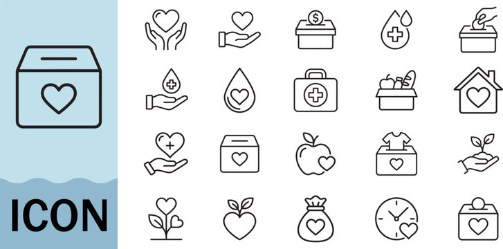 Donation icons with hearts and hands for charity support