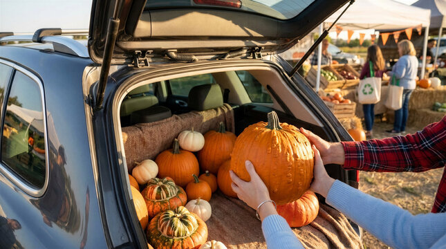 Close-up of people loading pumpkins into a car trunk at an autumn market.
