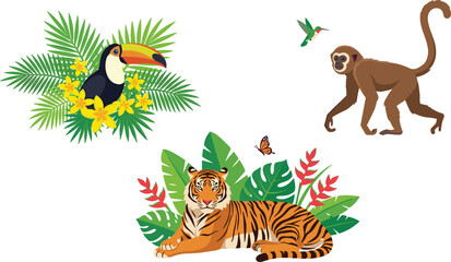 Fototapeta premium Tropical Jungle Animals Graphic Set Featuring Lying Bengal Tiger, Walking Gibbon Monkey, Toucan Bird with Yellow Flowers, Hummingbird, and Exotic Botanical Leaves