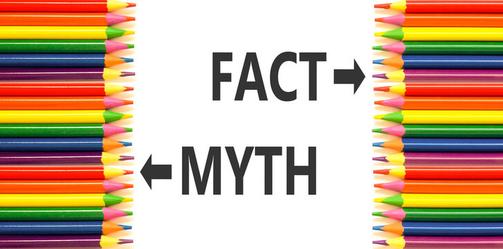 Fact or myth words symbol. Concept words Myth and Fact on beautiful white paper. Beautiful white background. Colored pencils. Business and fact or myth concept. Copy space.
