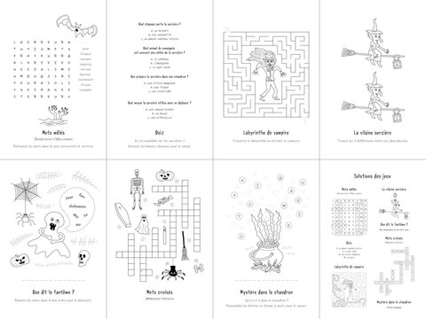 Set of seven games. Halloween. French language. Vector illustration. Set No. 1.
