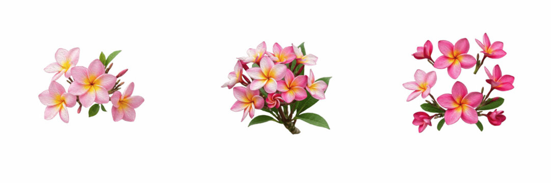 Set Beautiful Pink Plumeria Flowers Isolated on White Background Collection for Tropical Floral Design Summer Wedding Greeting Card and Nature Illustration