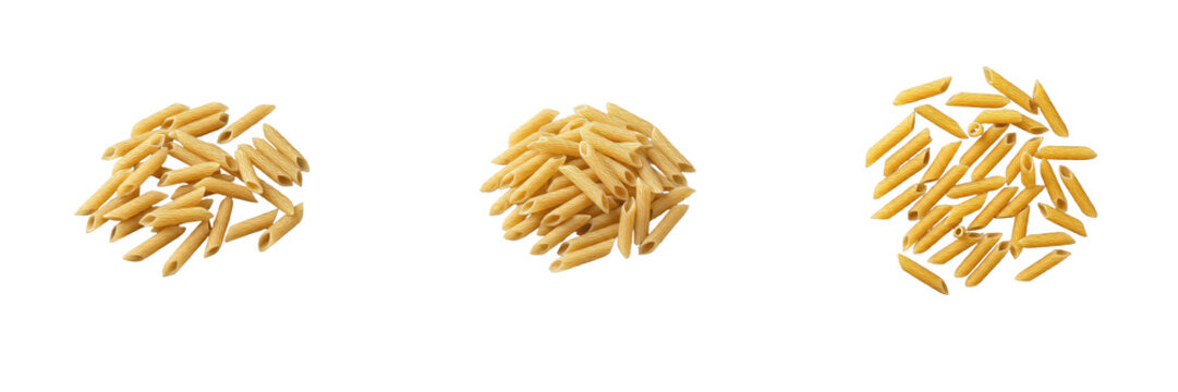 Set Raw Penne Pasta Heaps Isolated on White Background Collection for Italian Food Recipe Culinary Ingredient and Healthy Diet Vector Illustration