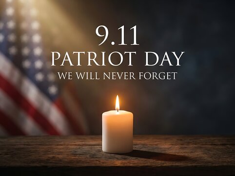 Patriot Day 9/11 remembrance with American flag and burning candle, we will never forget solemn tribute and memorial with soft light.