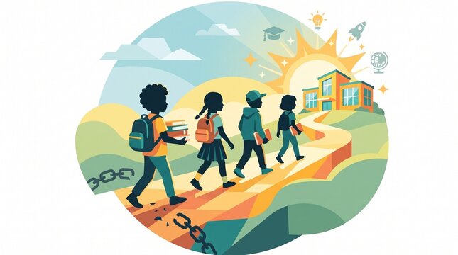 Conceptual illustration of diverse school children walking on a path toward a school building and rising sun, symbolizing freedom through education and a bright future for all students.