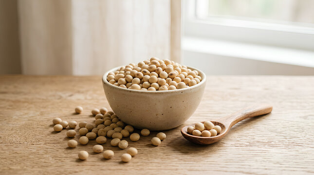 Dry organic soybeans in ceramic bowl with wooden spoon