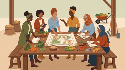 Fototapeta premium Diverse Group of Women Farmers and Gardeners Collaborating on a Sustainable Planting Layout in a Rural Workshop Setting